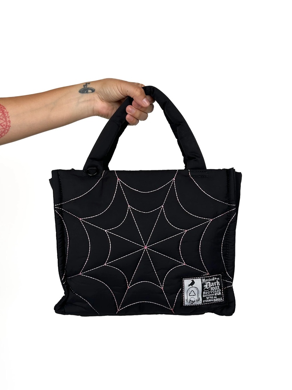 Wicked Misfit Black Spiderweb Quilted Tote Bag With Pink Stitching